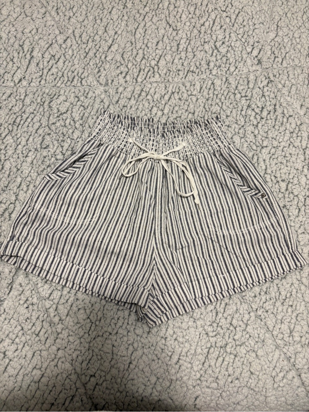 Navy & White High-Waist Smocked Stripe Shorts